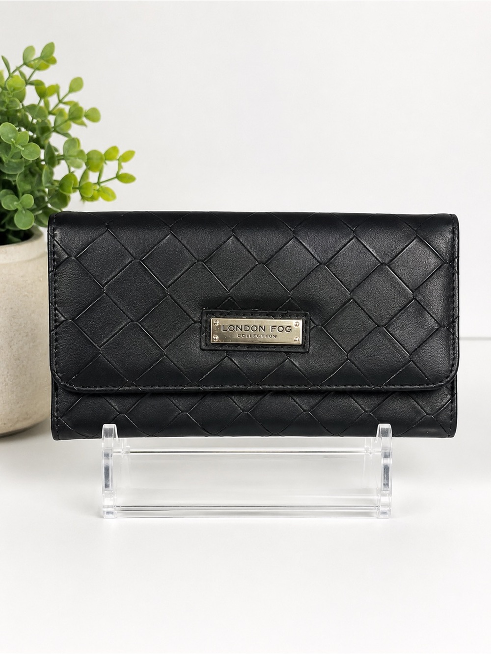 NWT London Fog Collection Black Woven Flap Wallet | Quilted Vegan Leather